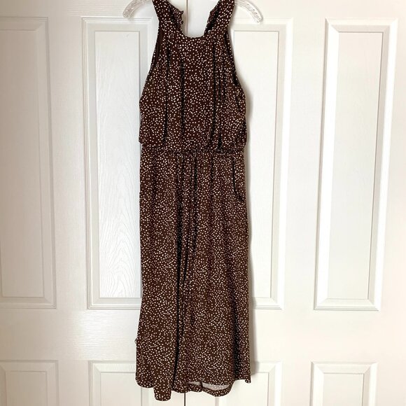 JUMPSUIT DRESS Brown Polkadot Flowing Legs Sleeveless